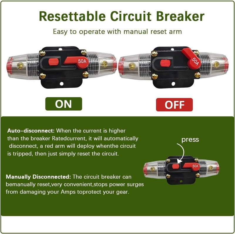 FALVFUN 50 Amp Car Circuit Breaker, 12V-24V Manual Reset Vehicle Inline Fuse Inverter, Waterproof Automotive Power System Protection Accessories, Universal for Trolling Motors ATV - Image 3